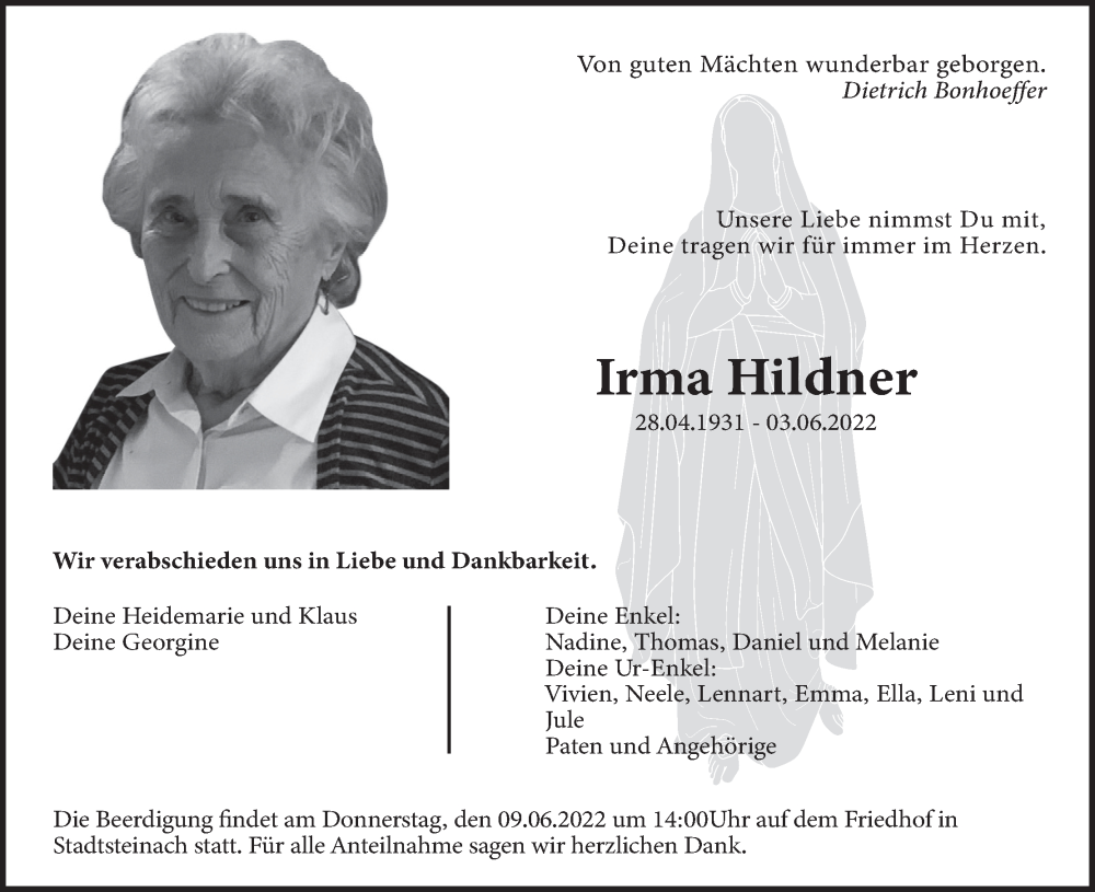  Traueranzeige für Irma Hildner vom 07.06.2022 aus MGO