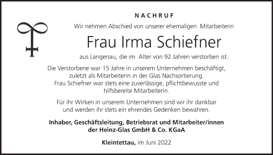 Anzeige von Irma Schiefner von MGO