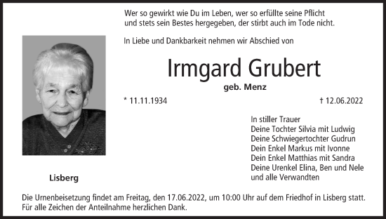 Anzeige von Irmgard Grubert von MGO