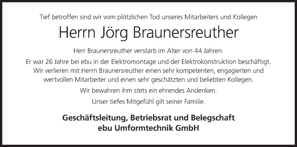  Traueranzeige für Jörg Braunersreuther vom 21.06.2022 aus MGO