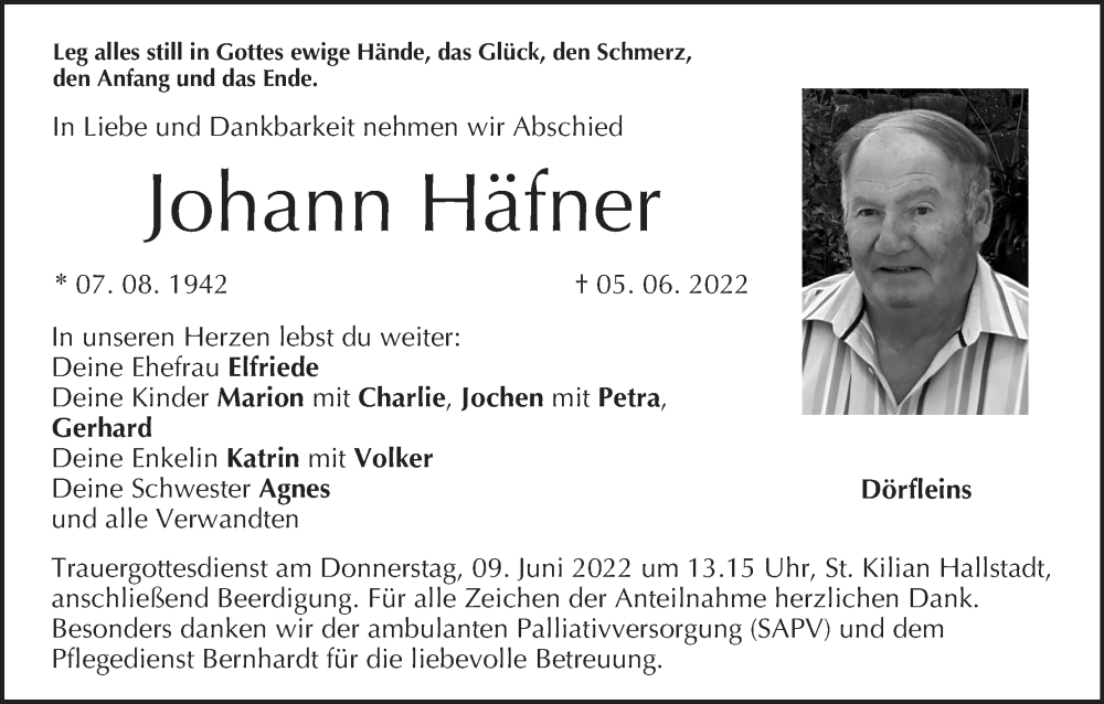  Traueranzeige für Johann Häfner vom 08.06.2022 aus MGO