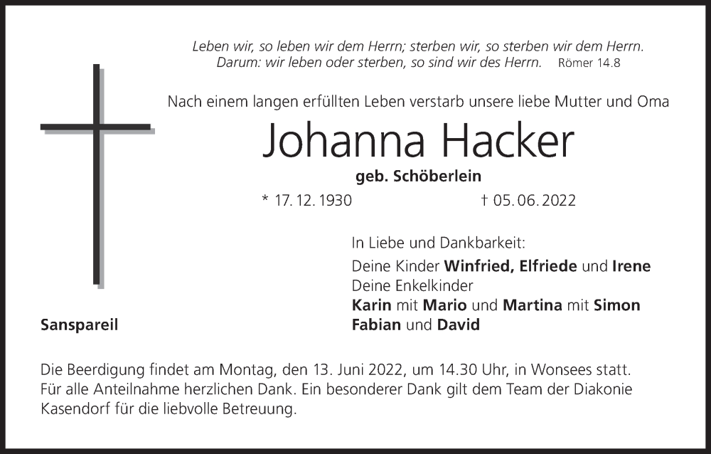 Traueranzeige für Johanna Hacker vom 09.06.2022 aus MGO