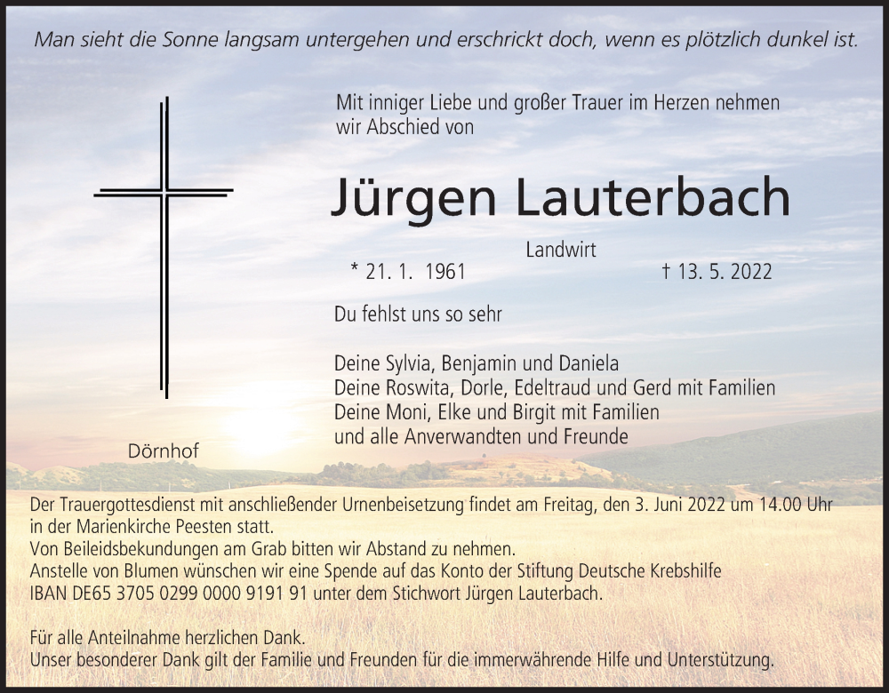  Traueranzeige für Jürgen Lauterbach vom 01.06.2022 aus MGO