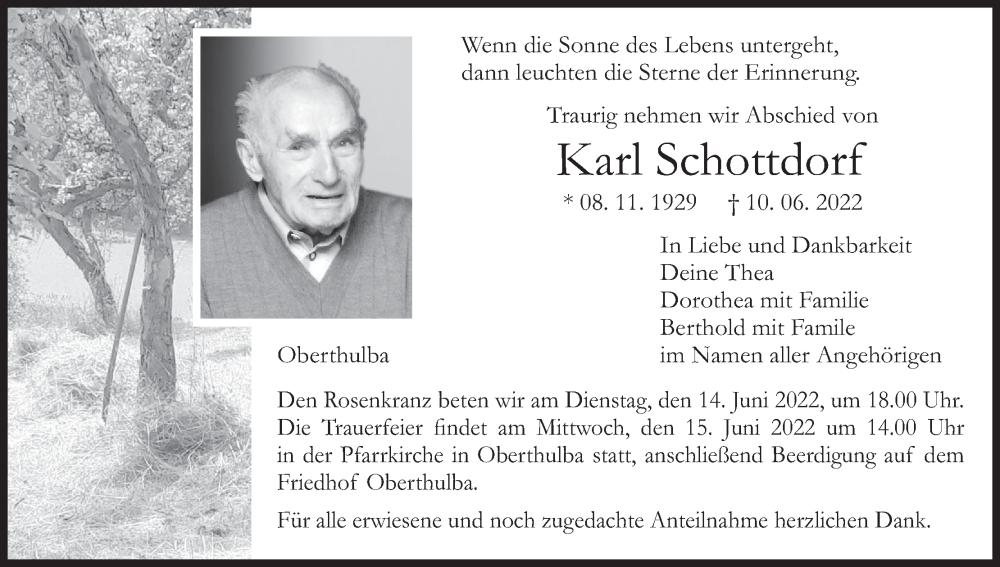  Traueranzeige für Karl Schottdorf vom 14.06.2022 aus MGO