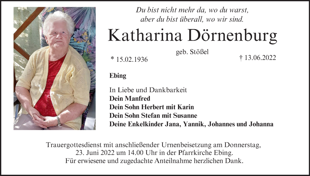  Traueranzeige für Katharina Dörnenburg vom 18.06.2022 aus MGO