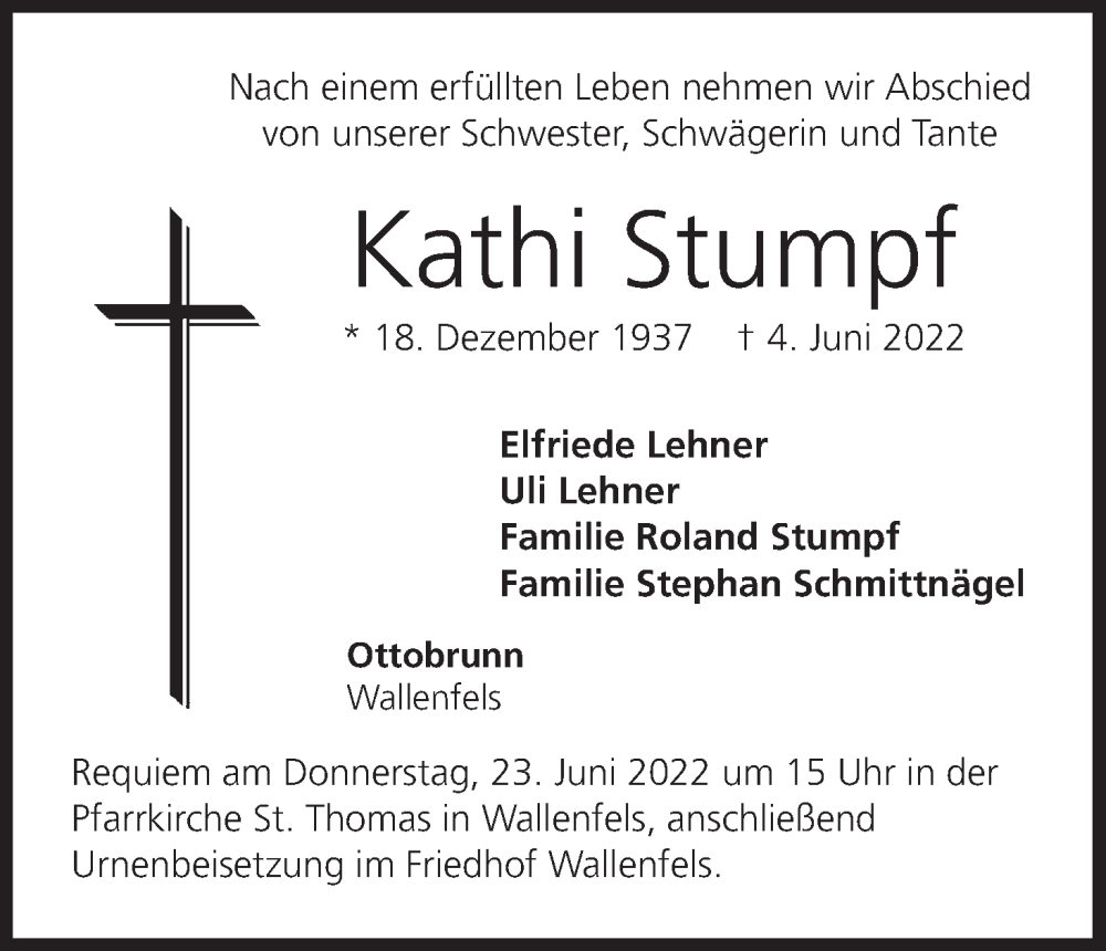  Traueranzeige für Kathi Stumpf vom 22.06.2022 aus MGO