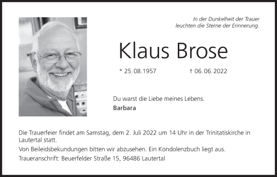 Anzeige von Klaus Brose von MGO