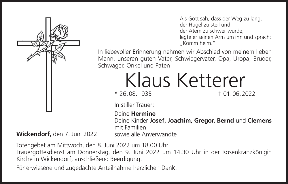  Traueranzeige für Klaus Ketterer vom 07.06.2022 aus MGO