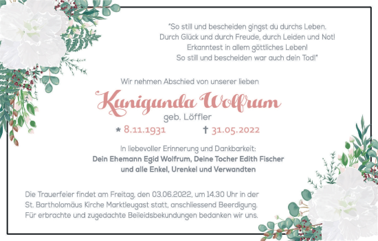 Anzeige von Kunigunda Wolfrum von MGO