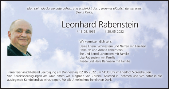 Anzeige von Leonhard Rabenstein von MGO