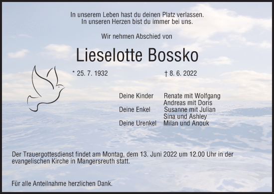 Anzeige von Lieselotte Bossko von MGO