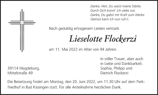 Anzeige von Lieselotte Flockerzi von MGO