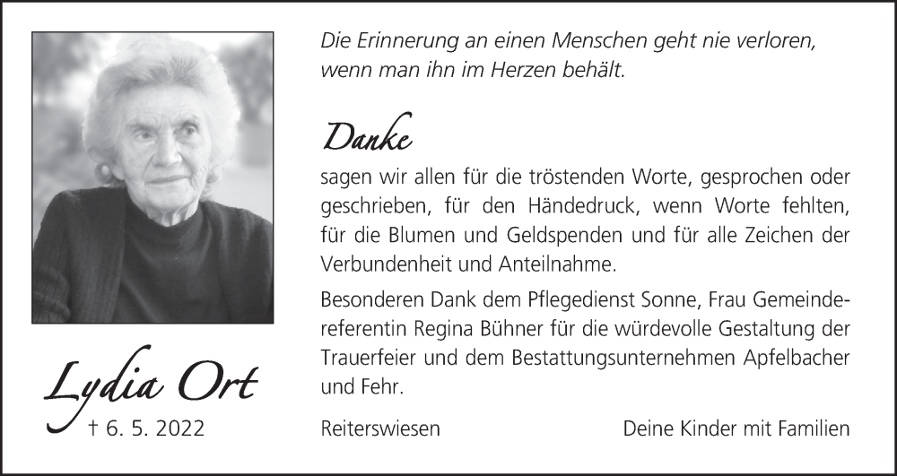  Traueranzeige für Lydia Ort vom 04.06.2022 aus MGO