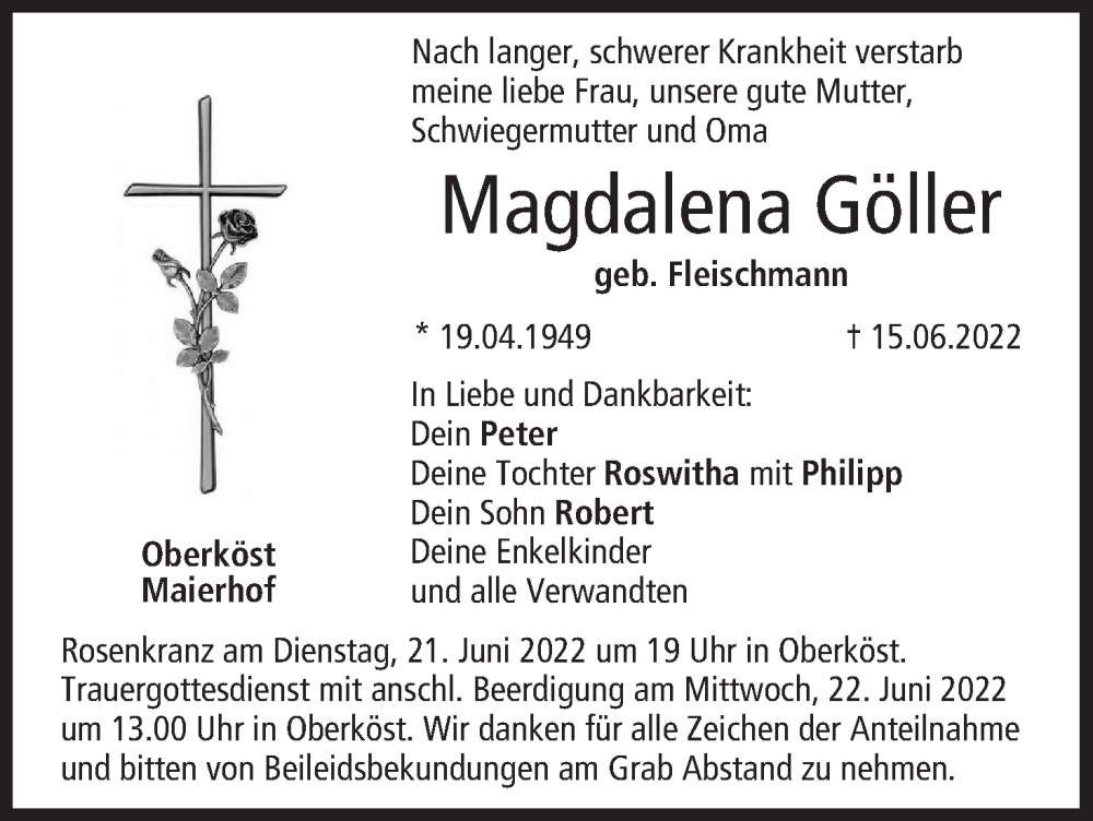 Traueranzeige für Magdalena Göller vom 18.06.2022 aus MGO