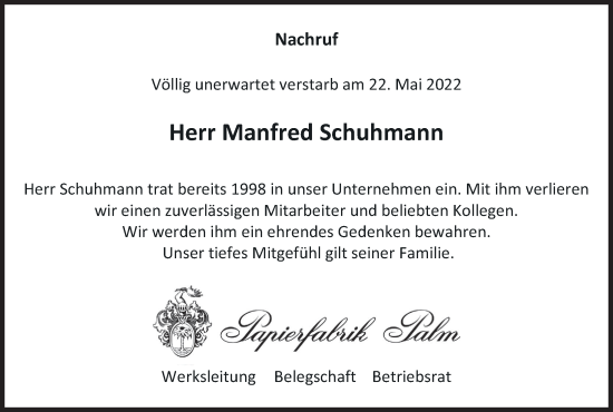 Anzeige von Manfred Schuhmann von MGO