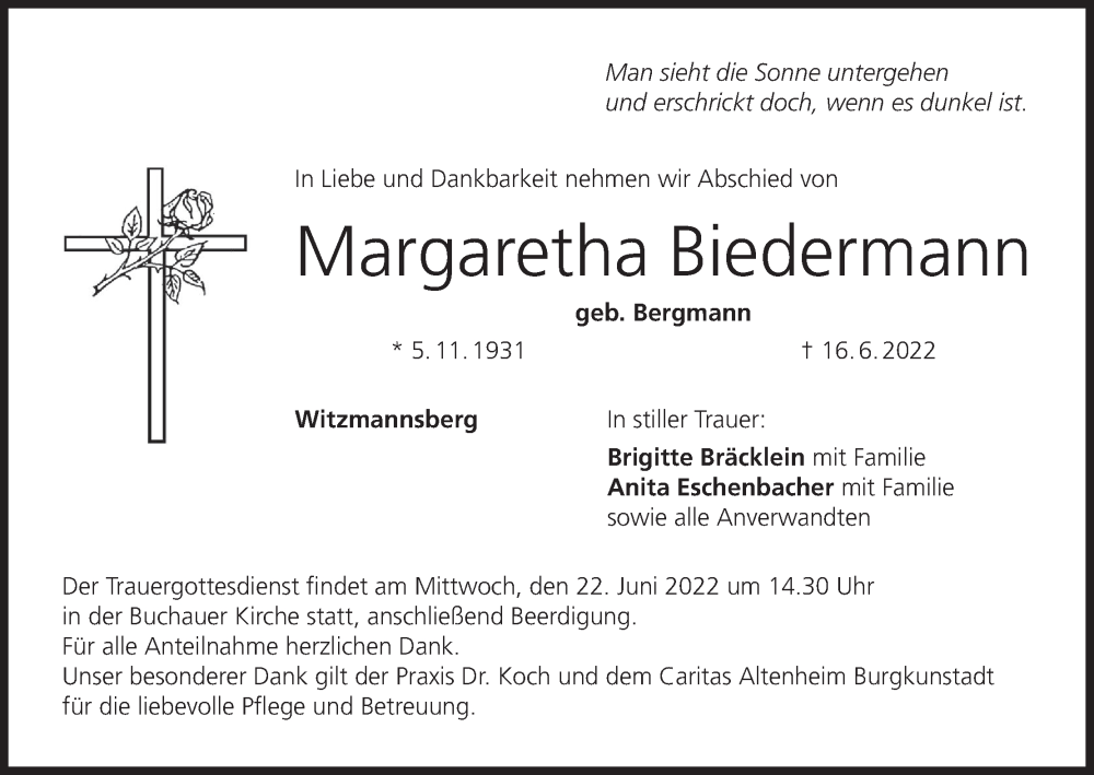  Traueranzeige für Margaretha Biedermann vom 21.06.2022 aus MGO