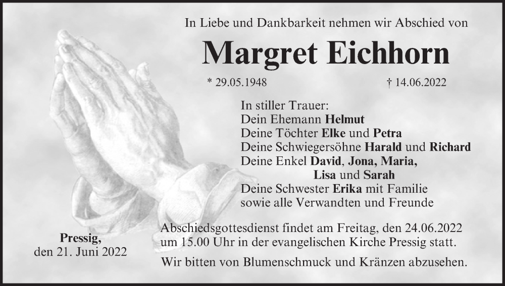  Traueranzeige für Margret Eichhorn vom 21.06.2022 aus MGO