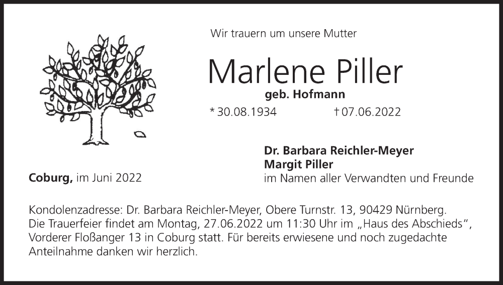  Traueranzeige für Marlene Piller vom 18.06.2022 aus MGO