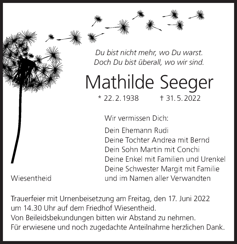  Traueranzeige für Mathilde Seeger vom 14.06.2022 aus MGO