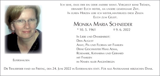 Anzeige von Monika Maria Schneider von MGO