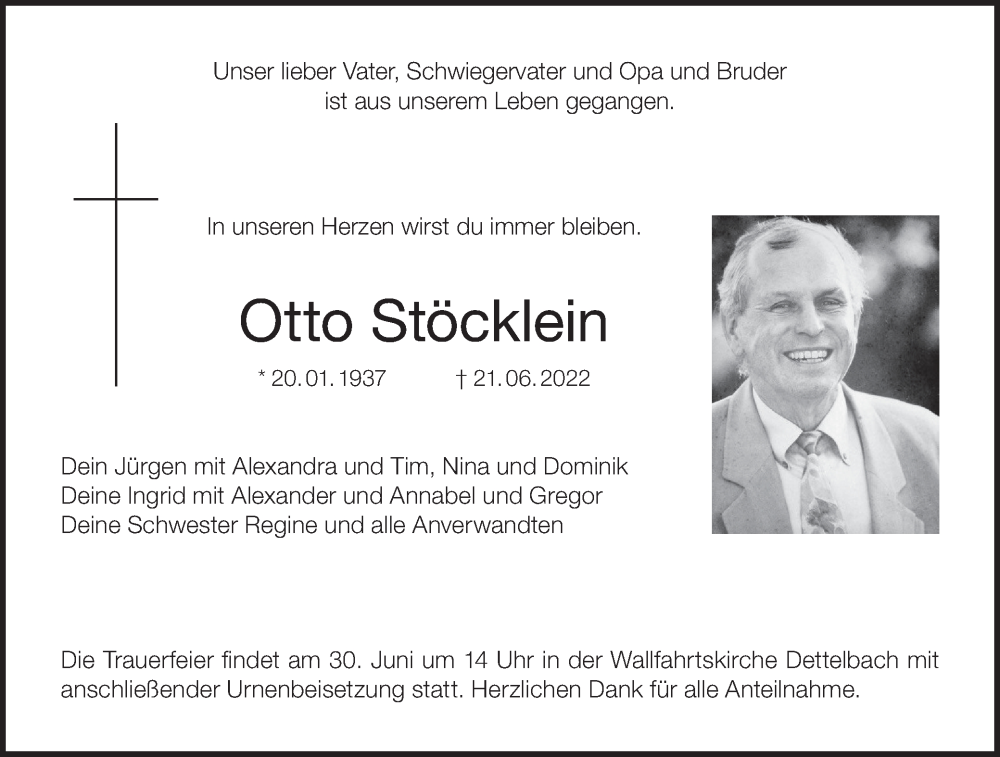  Traueranzeige für Otto Stöcklein vom 25.06.2022 aus MGO