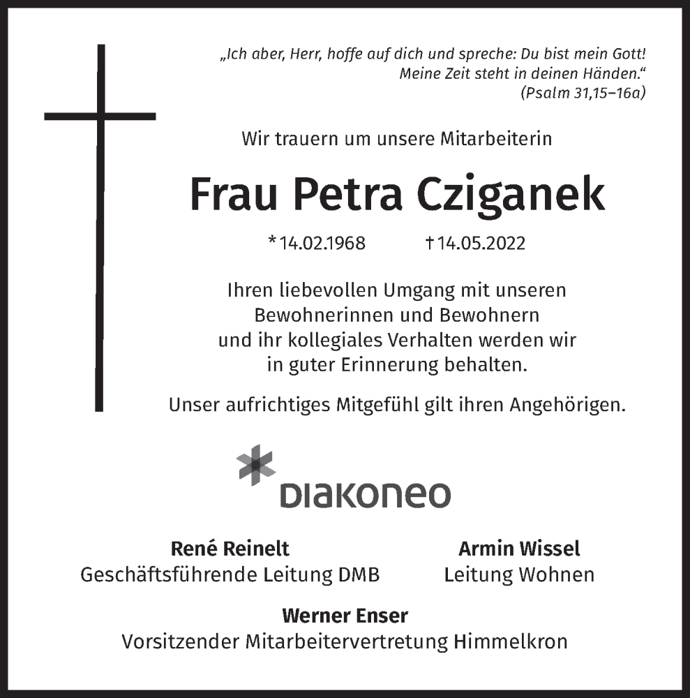  Traueranzeige für Petra Cziganek vom 01.06.2022 aus MGO