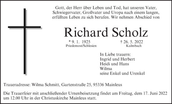 Anzeige von Richard Scholz von MGO