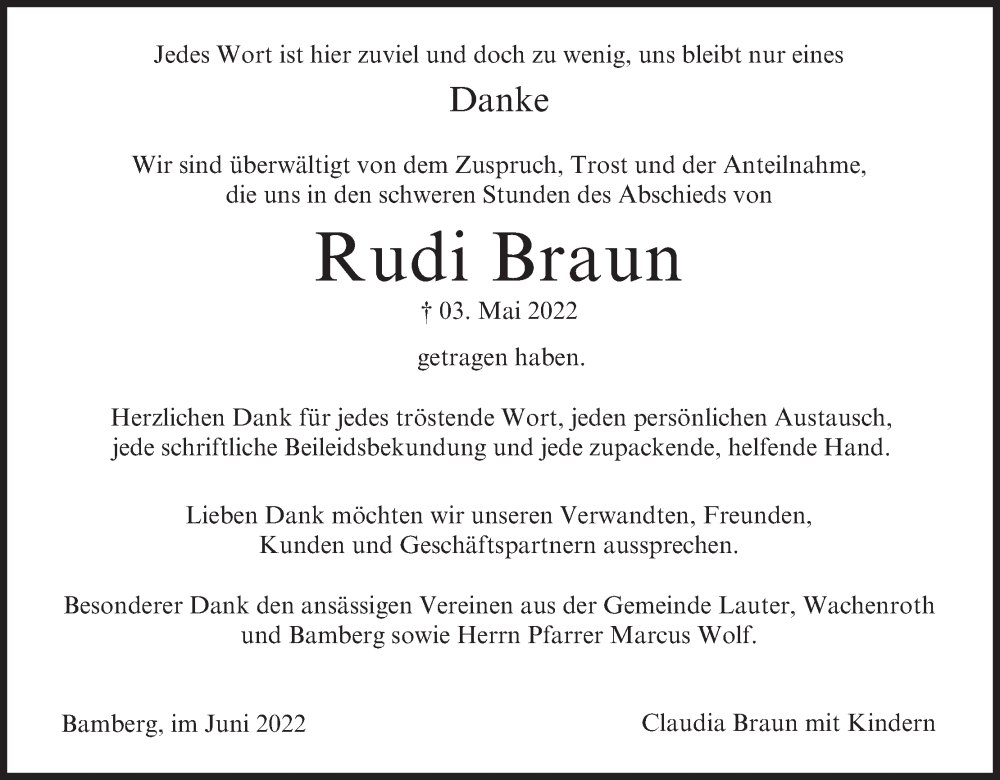  Traueranzeige für Rudi Braun vom 04.06.2022 aus MGO