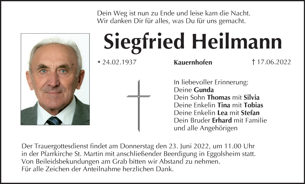  Traueranzeige für Siegfried Heilmann vom 21.06.2022 aus MGO