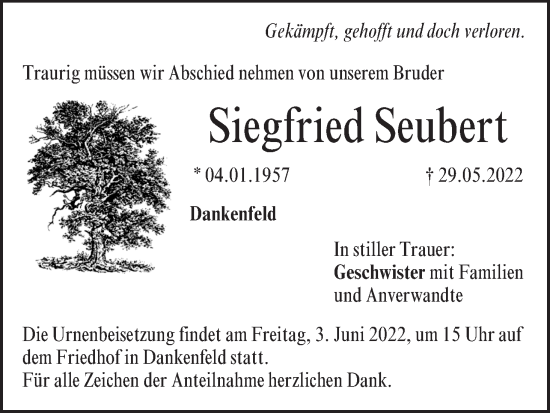 Anzeige von Siegfried Seubert von MGO