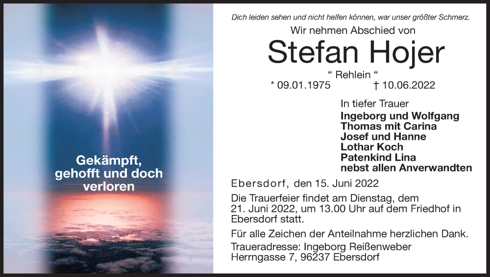  Traueranzeige für Stefan Hojer vom 15.06.2022 aus MGO