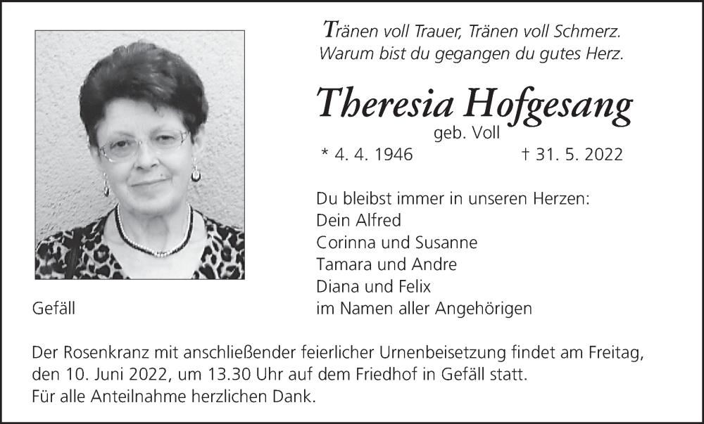  Traueranzeige für Theresia Hofgesang vom 04.06.2022 aus MGO