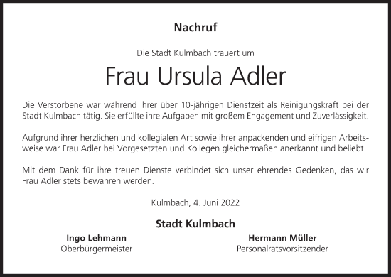 Anzeige von Ursula Adler von MGO