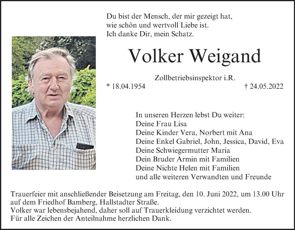  Traueranzeige für Volker Weigand vom 04.06.2022 aus MGO