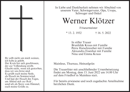 Anzeige von Werner Klötzer von MGO