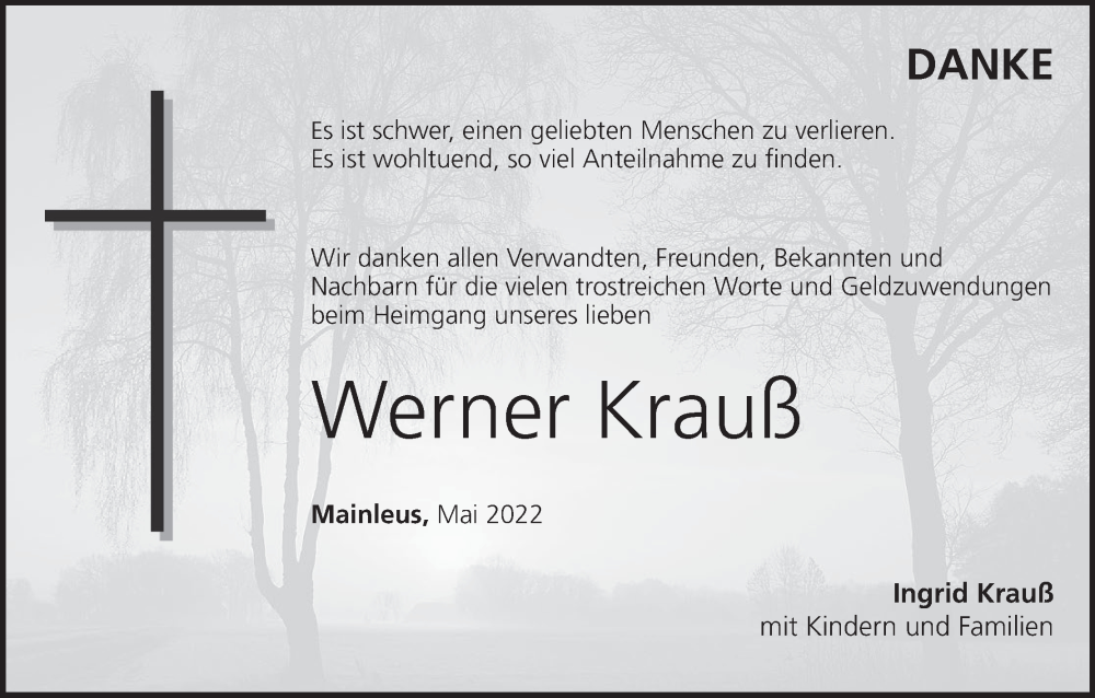  Traueranzeige für Werner Krauß vom 31.05.2022 aus MGO