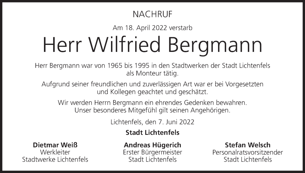  Traueranzeige für Wilfried Bergmann vom 10.06.2022 aus MGO