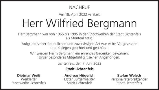 Anzeige von Wilfried Bergmann von MGO