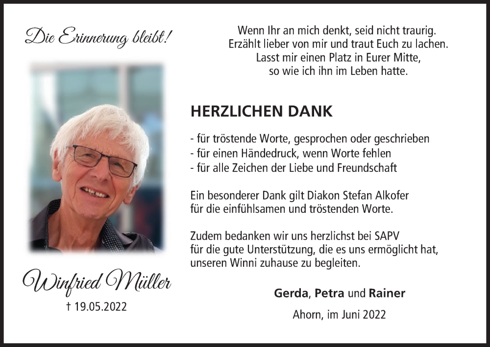  Traueranzeige für Winfried Müller vom 04.06.2022 aus MGO