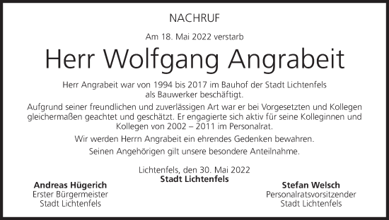 Anzeige von Wolfgang Angrabeit von MGO