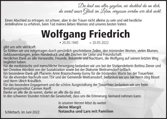Anzeige von Wolfgang Friedrich von MGO