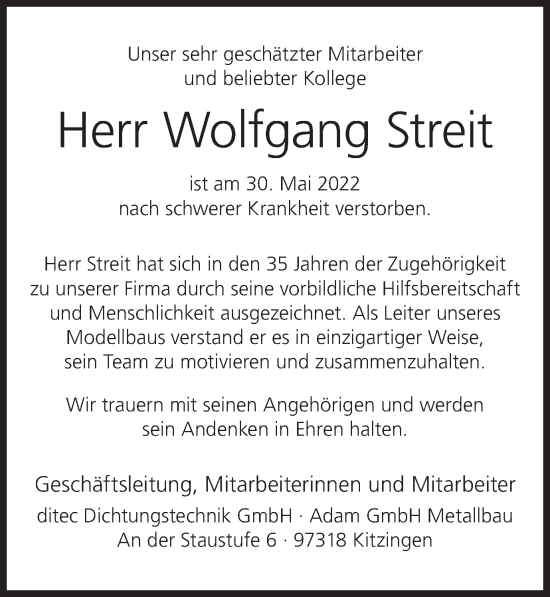 Anzeige von Wolfgang Streit von MGO