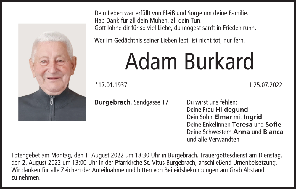  Traueranzeige für Adam Burkard vom 30.07.2022 aus MGO