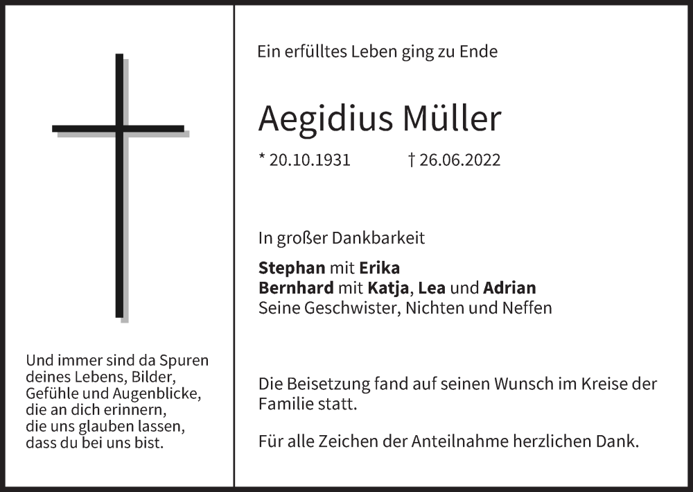  Traueranzeige für Aegidius Müller vom 09.07.2022 aus MGO