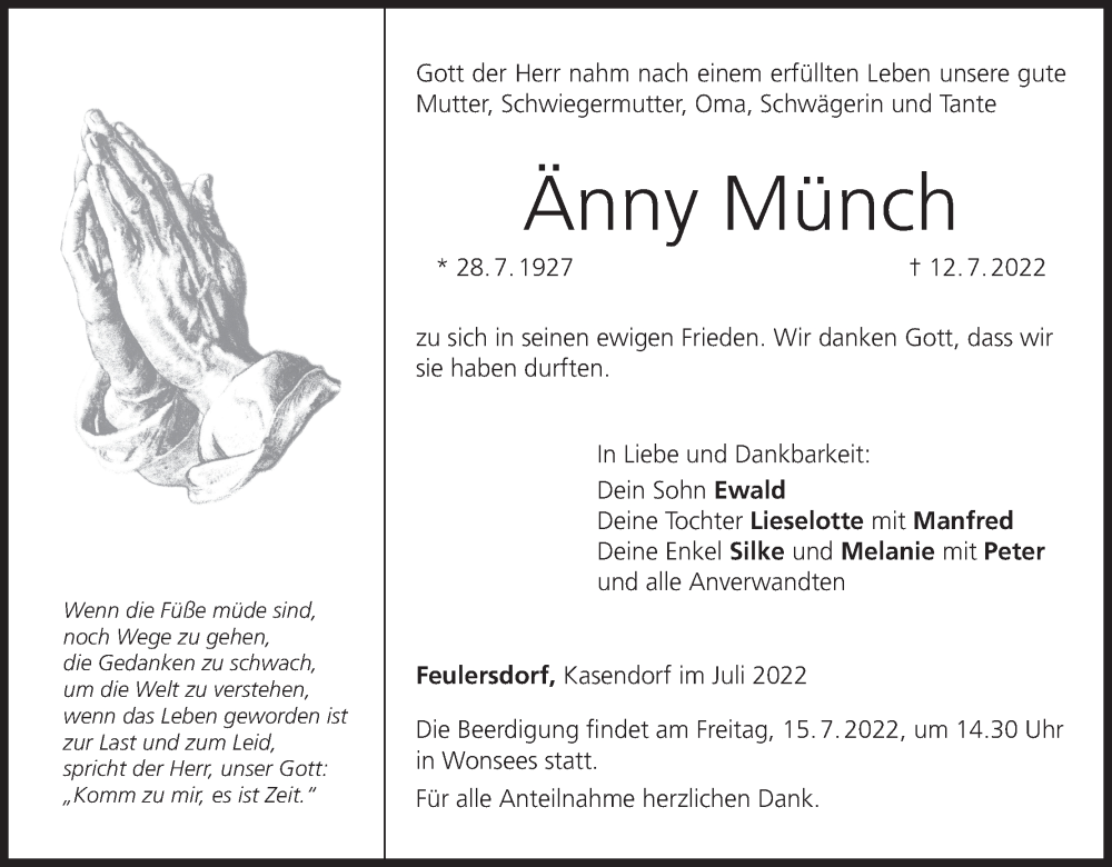  Traueranzeige für Änny Münch vom 13.07.2022 aus MGO