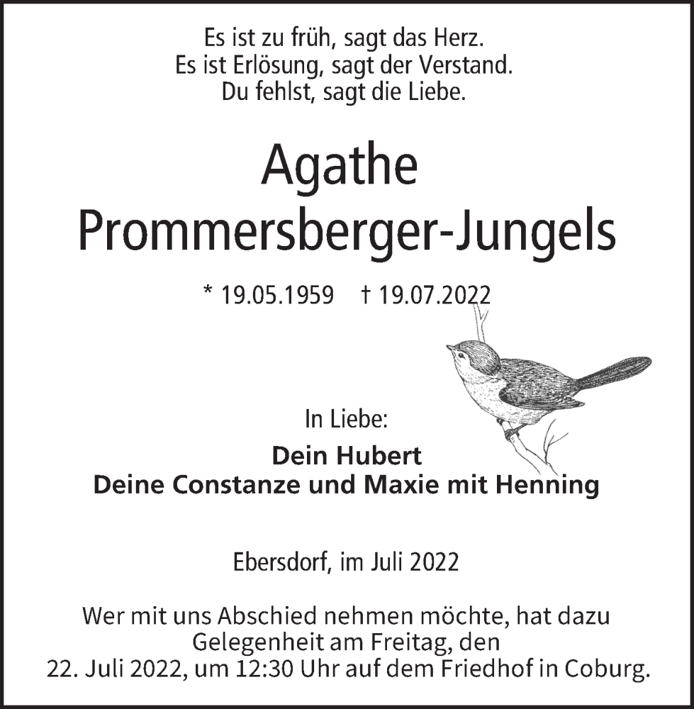  Traueranzeige für Agathe Prommersberger-Jungels vom 21.07.2022 aus MGO