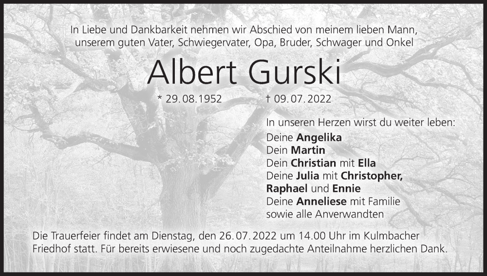  Traueranzeige für Albert Gurski vom 20.07.2022 aus MGO