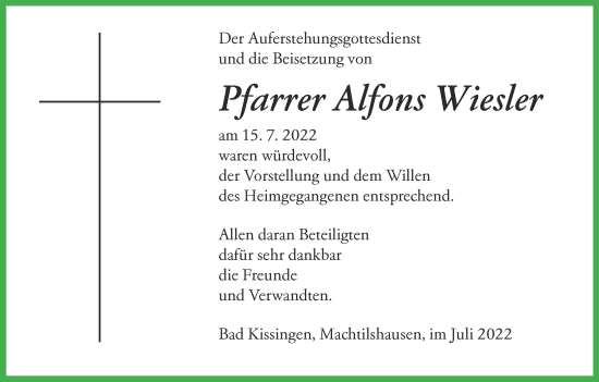 Anzeige von Alfons Wiesler von MGO