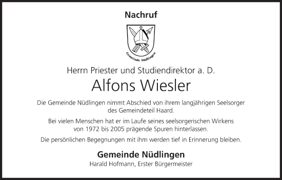 Anzeige von Alfons Wiesler von MGO