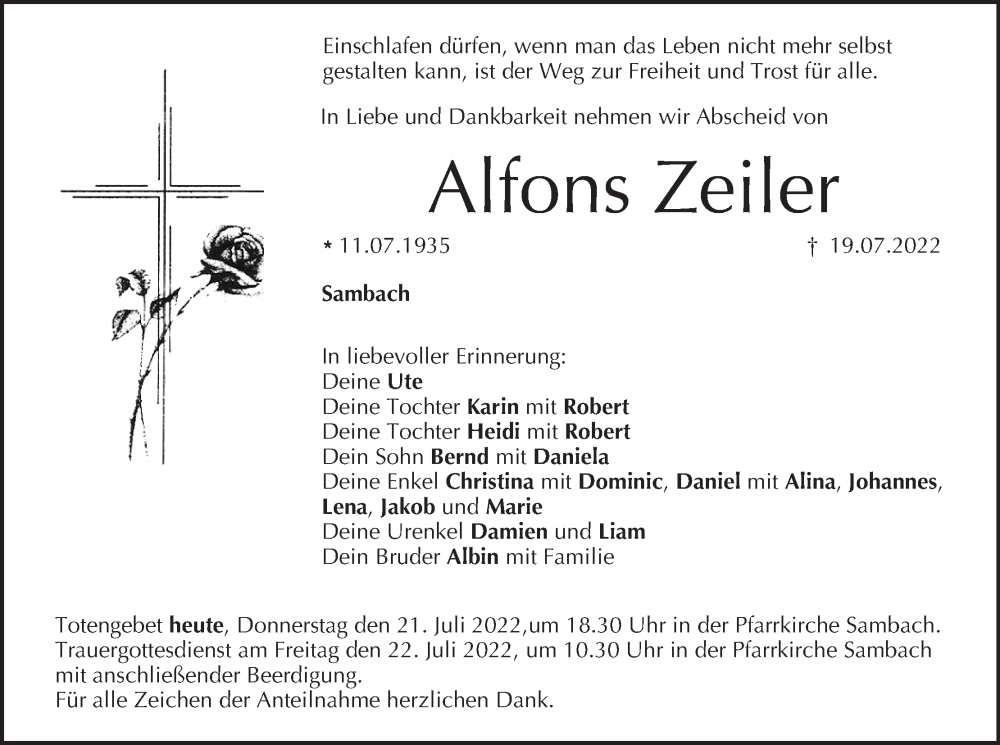  Traueranzeige für Alfons Zeiler vom 21.07.2022 aus MGO